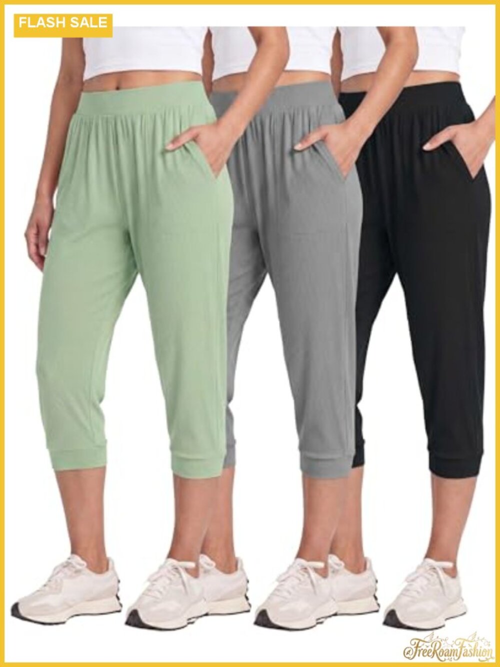 Women's Ribbed Capri Joggers 3-Pack Cropped Sweatpants with Pockets